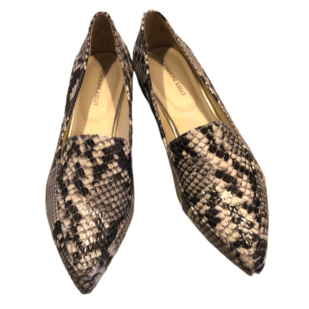 KATHERINE KELLY ABIGAIL SNAKESKIN PRINT LEATHER POINTY TOE LOAFERS BLK WHT SZ 7